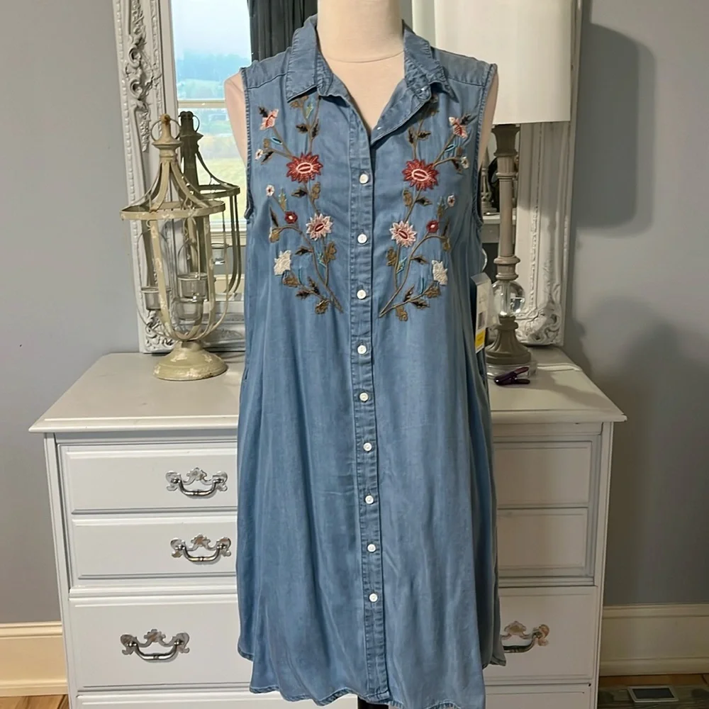 Terre Bleue Summer Embroider Midi Denim Look Dress Casual Lightweight Womens S - Picture 6 of 11